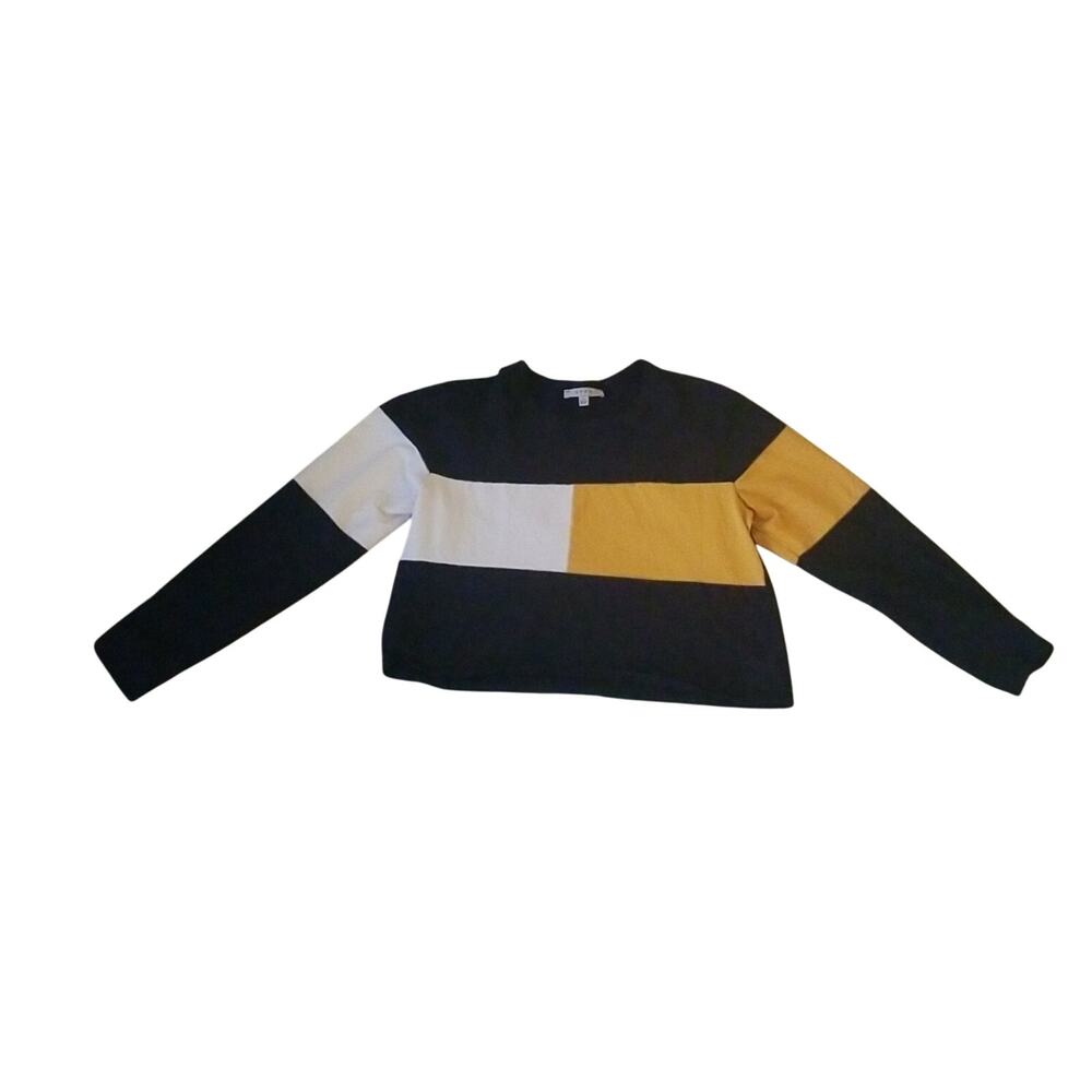 Gaze Cropped Long Sleeve White Blue Yellow Stripes Sweat Shirt Women's Size L